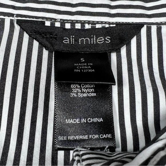 Ali Miles Black White Striped Asymmetrical Roll Tab Long Sleeve Buttondown Shirt - Picture 9 of 10